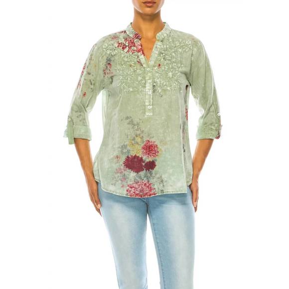 NEW MAGAZINE CLOTHING floral printed with embroidery top in light green basil - Picture 1 of 3